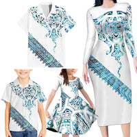 Kahui Whetu Paua shell Kowhaiwhai Taniko Personalised Family Matching Long Sleeve Bodycon Dress and Hawaiian Shirt Manta Ray Shark-Turtle Maori Tribal Style