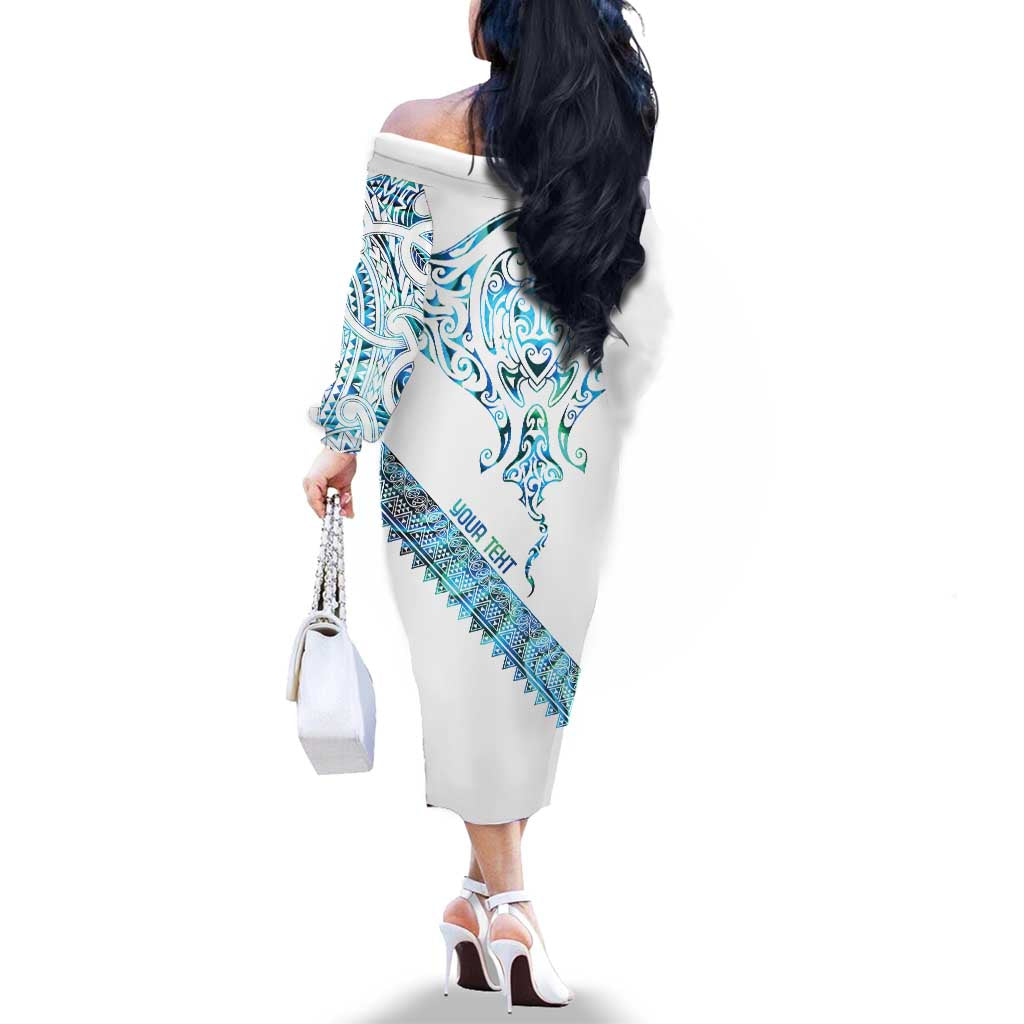 Kahui Whetu Paua shell Kowhaiwhai Taniko Personalised Family Matching Off The Shoulder Long Sleeve Dress and Hawaiian Shirt Manta Ray Shark-Turtle Maori Tribal Style