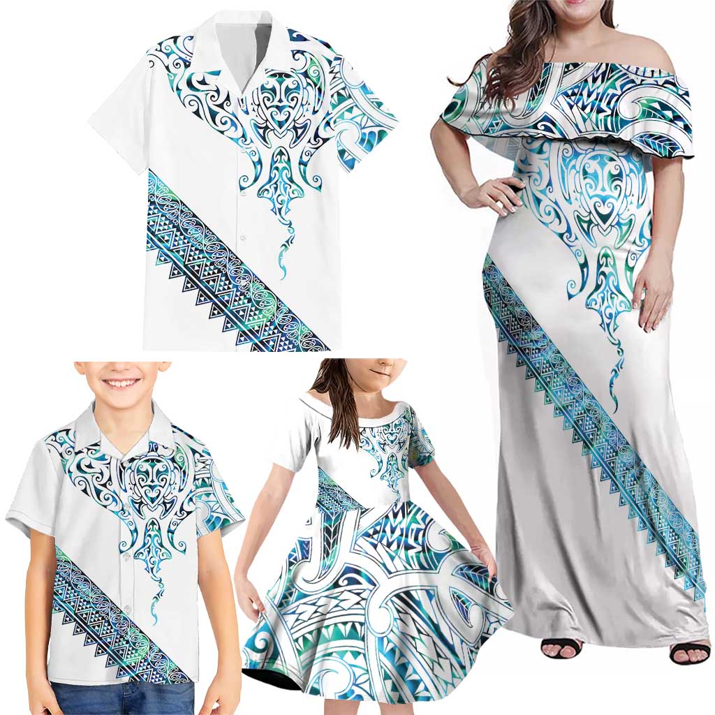 Kahui Whetu Paua shell Kowhaiwhai Taniko Personalised Family Matching Off Shoulder Maxi Dress and Hawaiian Shirt Manta Ray Shark-Turtle Maori Tribal Style