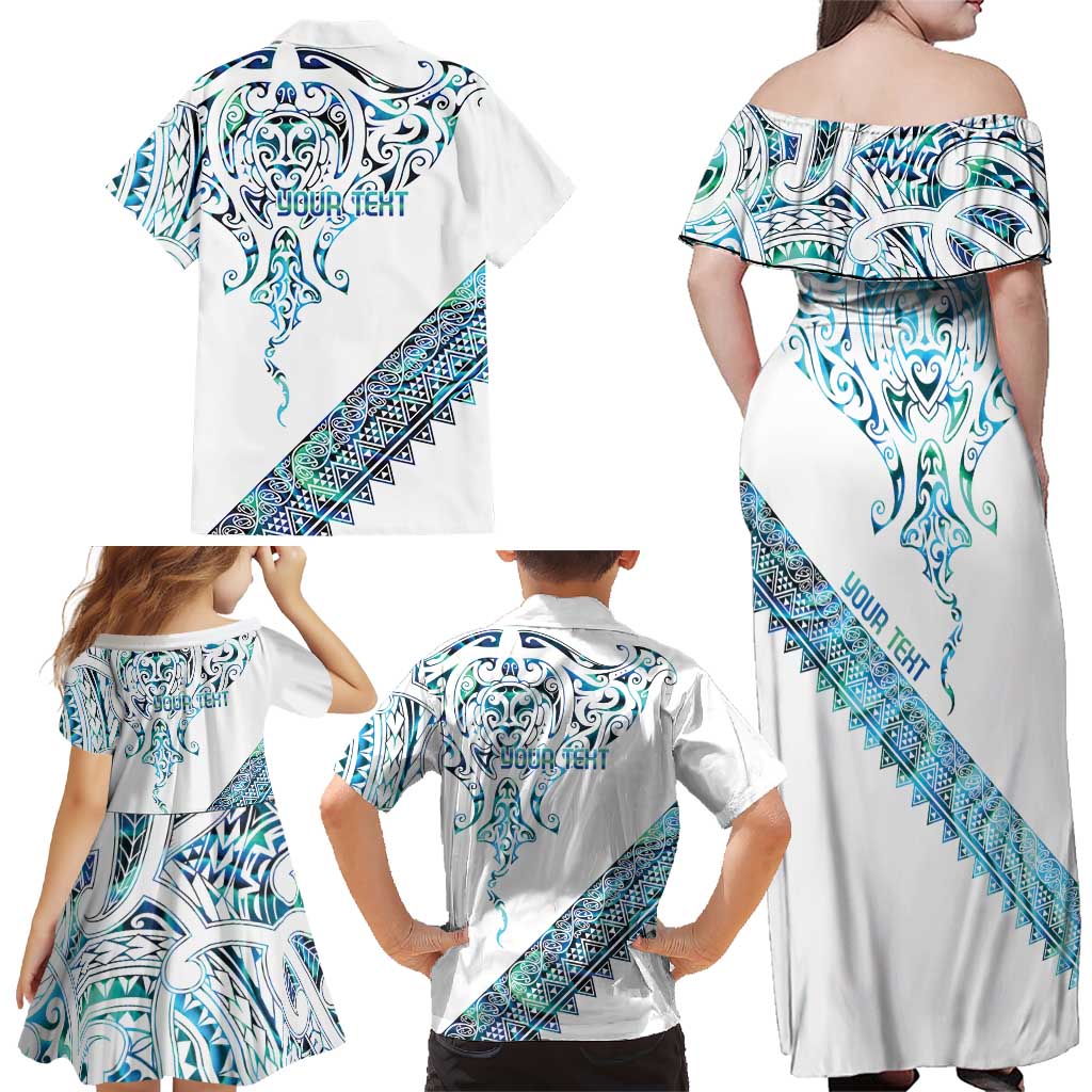 Kahui Whetu Paua shell Kowhaiwhai Taniko Personalised Family Matching Off Shoulder Maxi Dress and Hawaiian Shirt Manta Ray Shark-Turtle Maori Tribal Style