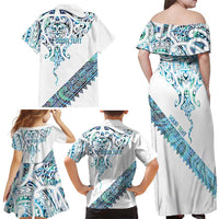 Kahui Whetu Paua shell Kowhaiwhai Taniko Personalised Family Matching Off Shoulder Maxi Dress and Hawaiian Shirt Manta Ray Shark-Turtle Maori Tribal Style