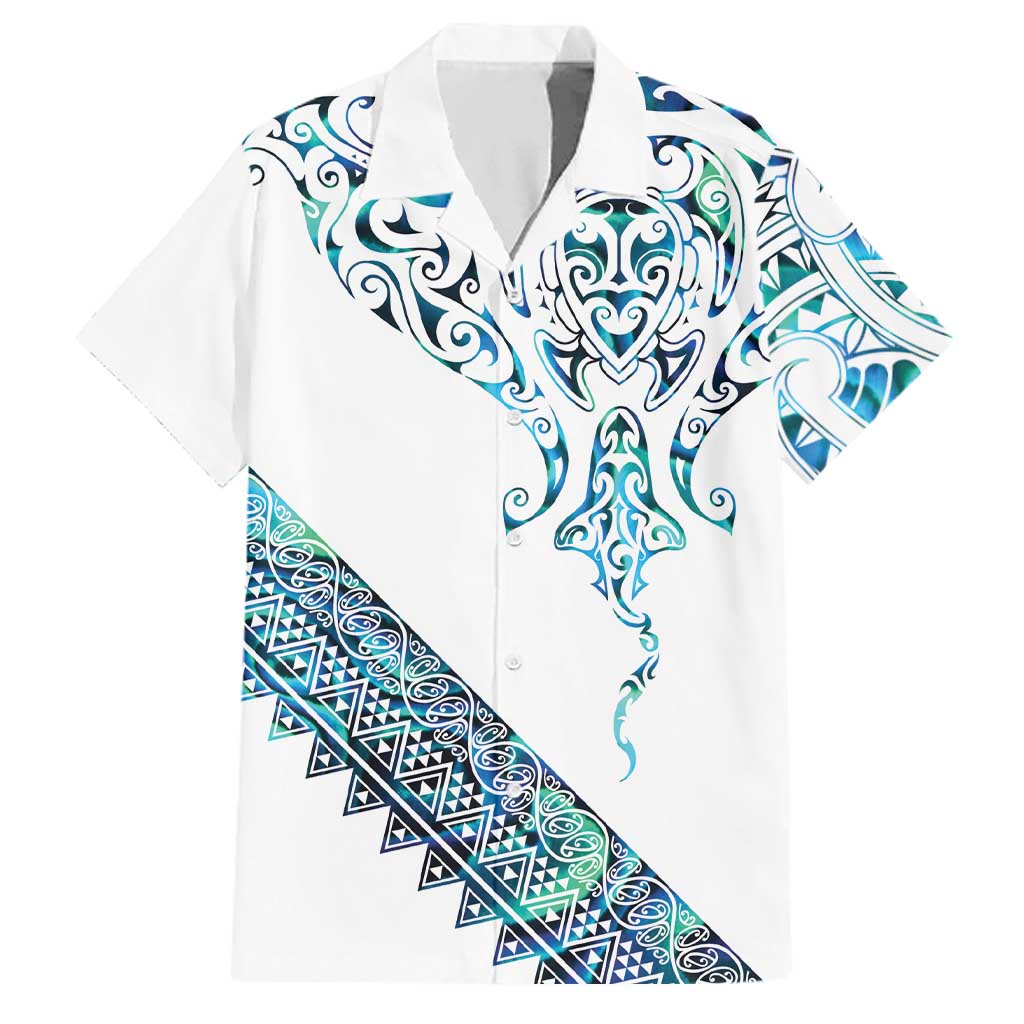 Kahui Whetu Paua shell Kowhaiwhai Taniko Personalised Family Matching Off Shoulder Short Dress and Hawaiian Shirt Manta Ray Shark-Turtle Maori Tribal Style