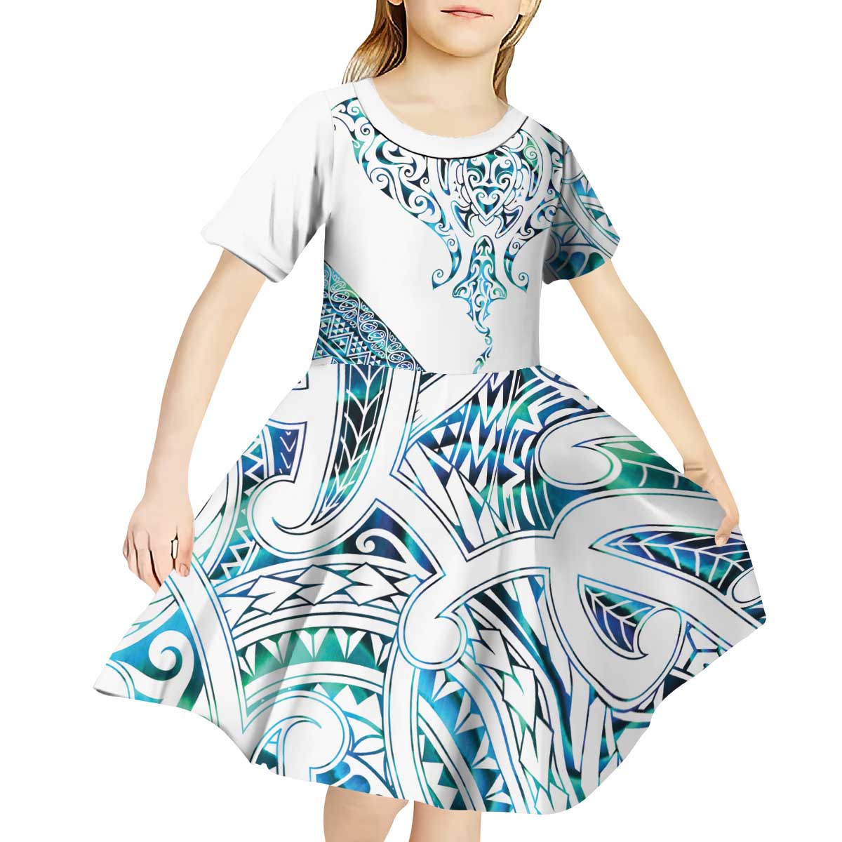Kahui Whetu Paua shell Kowhaiwhai Taniko Personalised Kid Short Sleeve Dress Manta Ray Shark-Turtle Maori Tribal Style