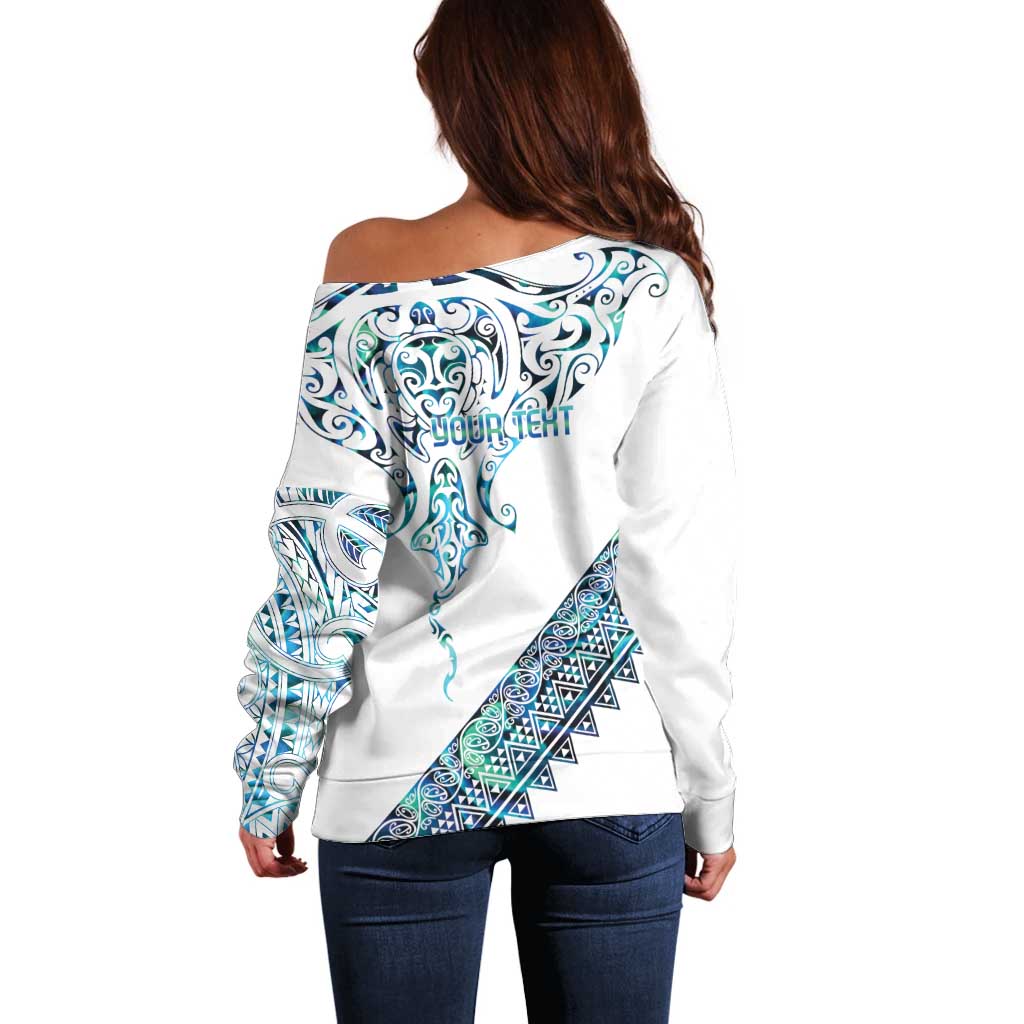 Kahui Whetu Paua shell Kowhaiwhai Taniko Personalised Off Shoulder Sweater Manta Ray Shark-Turtle Maori Tribal Style
