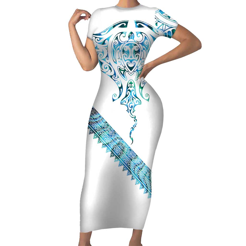 Kahui Whetu Paua shell Kowhaiwhai Taniko Personalised Short Sleeve Bodycon Dress Manta Ray Shark-Turtle Maori Tribal Style