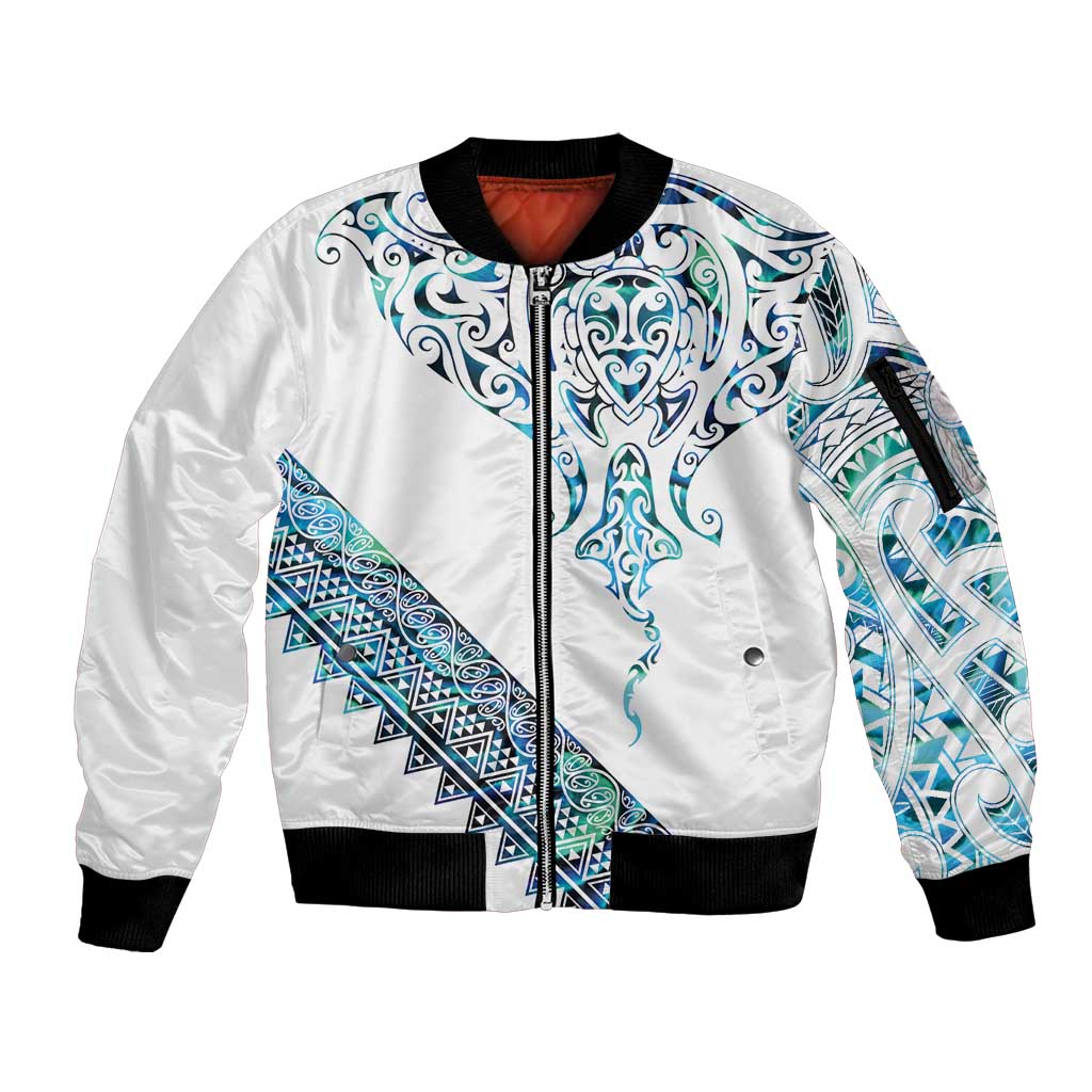 Kahui Whetu Paua shell Kowhaiwhai Taniko Personalised Sleeve Zip Bomber Jacket Manta Ray Shark-Turtle Maori Tribal Style