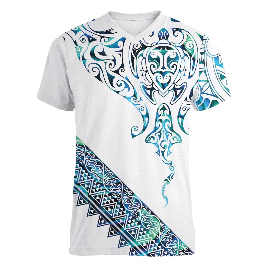 Kahui Whetu Paua shell Kowhaiwhai Taniko Personalised Women V-Neck T-Shirt Manta Ray Shark-Turtle Maori Tribal Style