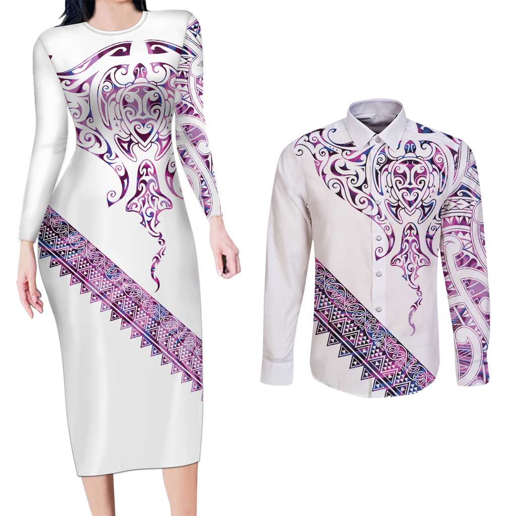 Mawhero Paua shell Kowhaiwhai Taniko Personalised Couples Matching Long Sleeve Bodycon Dress and Long Sleeve Button Shirt Manta Ray Shark-Turtle Maori Tribal Style