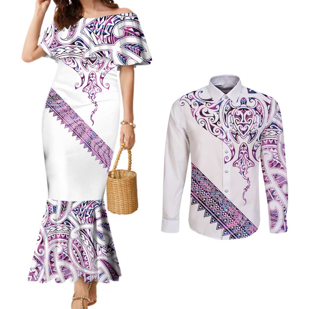 Mawhero Paua shell Kowhaiwhai Taniko Personalised Couples Matching Mermaid Dress and Long Sleeve Button Shirt Manta Ray Shark-Turtle Maori Tribal Style
