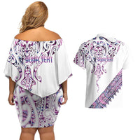 Mawhero Paua shell Kowhaiwhai Taniko Personalised Couples Matching Off Shoulder Short Dress and Hawaiian Shirt Manta Ray Shark-Turtle Maori Tribal Style