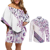 Mawhero Paua shell Kowhaiwhai Taniko Personalised Couples Matching Off Shoulder Short Dress and Long Sleeve Button Shirt Manta Ray Shark-Turtle Maori Tribal Style