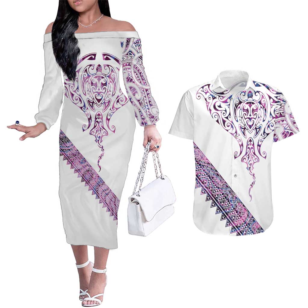 Mawhero Paua shell Kowhaiwhai Taniko Personalised Couples Matching Off The Shoulder Long Sleeve Dress and Hawaiian Shirt Manta Ray Shark-Turtle Maori Tribal Style
