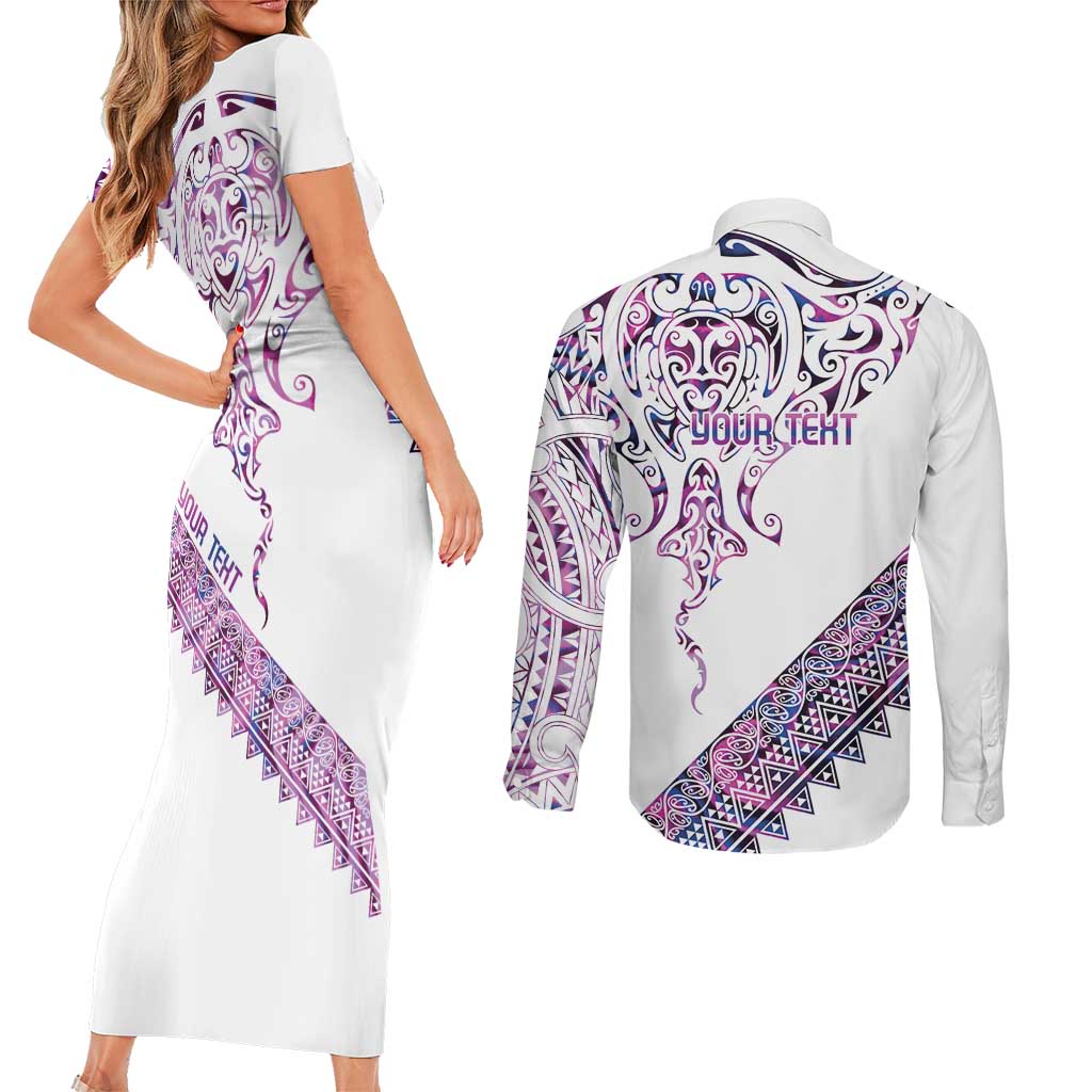 Mawhero Paua shell Kowhaiwhai Taniko Personalised Couples Matching Short Sleeve Bodycon Dress and Long Sleeve Button Shirt Manta Ray Shark-Turtle Maori Tribal Style