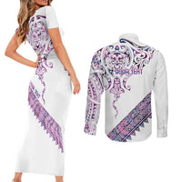 Mawhero Paua shell Kowhaiwhai Taniko Personalised Couples Matching Short Sleeve Bodycon Dress and Long Sleeve Button Shirt Manta Ray Shark-Turtle Maori Tribal Style