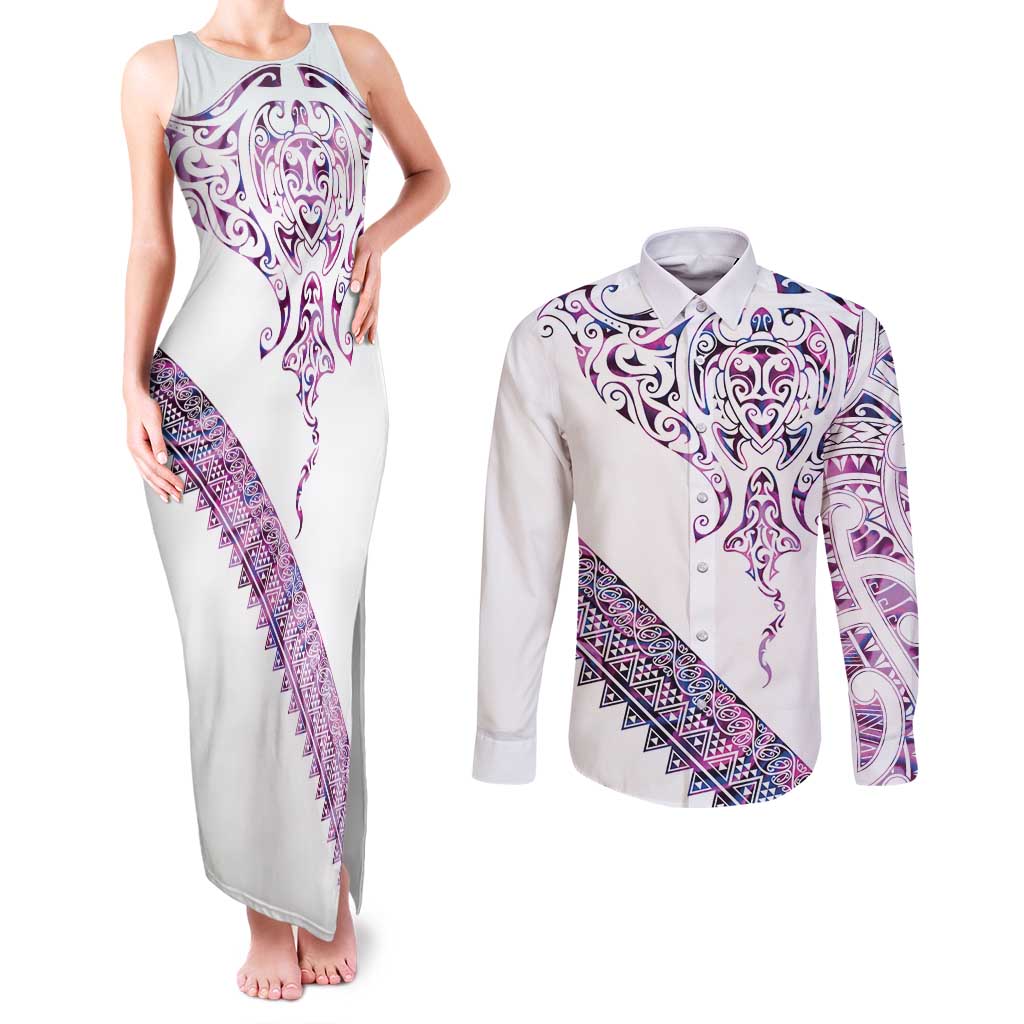 Mawhero Paua shell Kowhaiwhai Taniko Personalised Couples Matching Tank Maxi Dress and Long Sleeve Button Shirt Manta Ray Shark-Turtle Maori Tribal Style