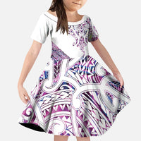 Mawhero Paua shell Kowhaiwhai Taniko Personalised Family Matching Off The Shoulder Long Sleeve Dress and Hawaiian Shirt Manta Ray Shark-Turtle Maori Tribal Style LT9 Daughter's Dress Pink - Polynesian Pride