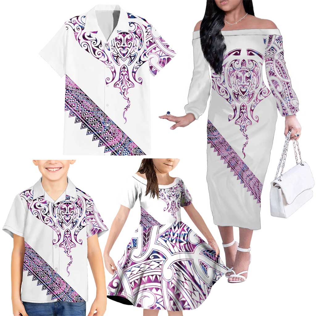 Mawhero Paua shell Kowhaiwhai Taniko Personalised Family Matching Off The Shoulder Long Sleeve Dress and Hawaiian Shirt Manta Ray Shark-Turtle Maori Tribal Style LT9 - Polynesian Pride