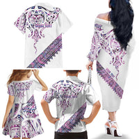 Mawhero Paua shell Kowhaiwhai Taniko Personalised Family Matching Off The Shoulder Long Sleeve Dress and Hawaiian Shirt Manta Ray Shark-Turtle Maori Tribal Style LT9 - Polynesian Pride
