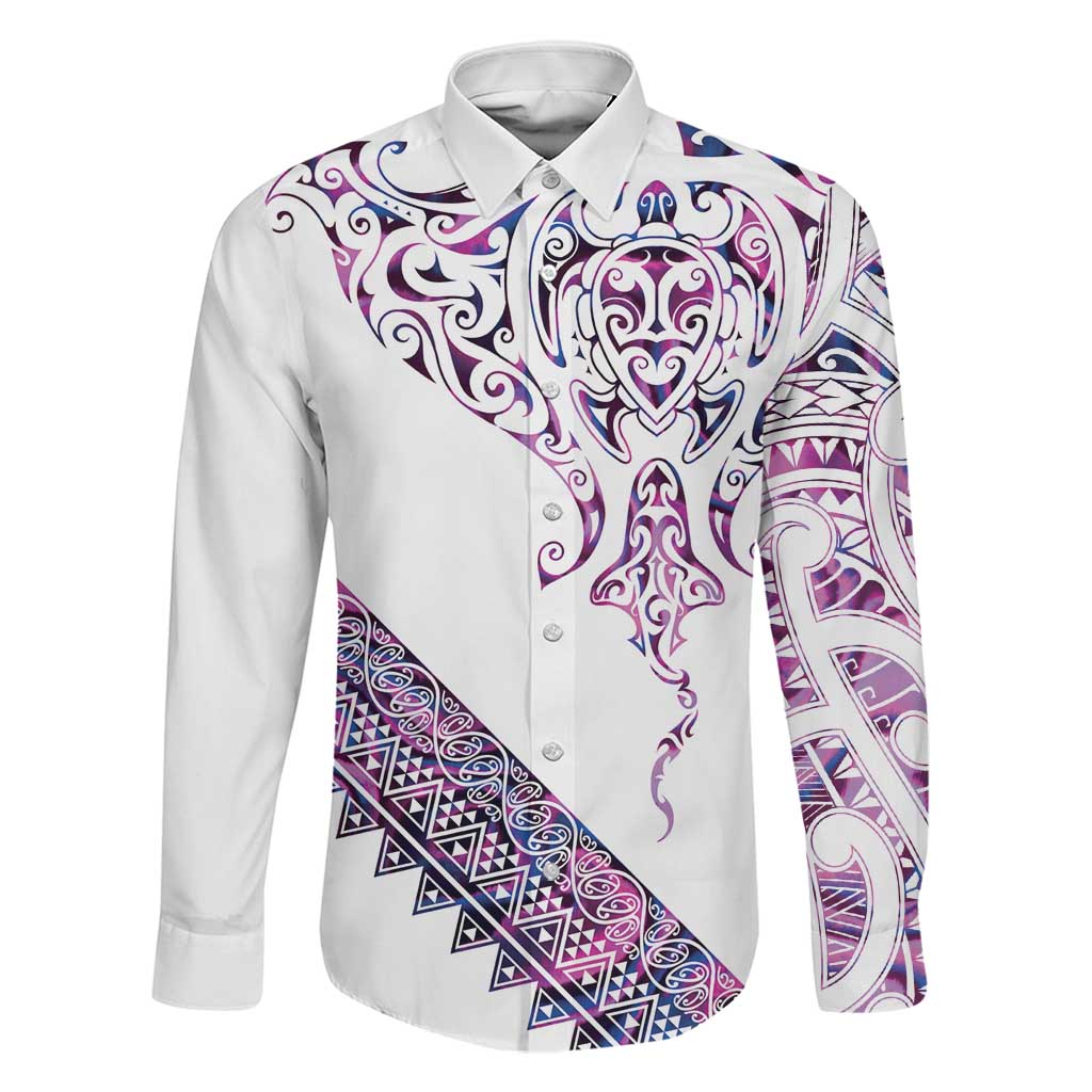 Mawhero Paua shell Kowhaiwhai Taniko Personalised Family Matching Off The Shoulder Long Sleeve Dress and Hawaiian Shirt Manta Ray Shark-Turtle Maori Tribal Style LT9 Dad's Shirt - Long Sleeve Pink - Polynesian Pride