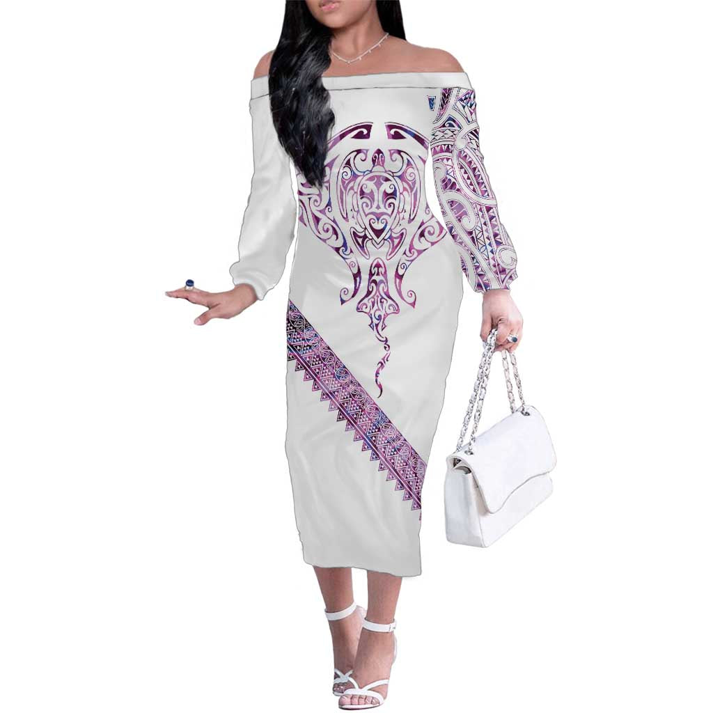 Mawhero Paua shell Kowhaiwhai Taniko Personalised Family Matching Off The Shoulder Long Sleeve Dress and Hawaiian Shirt Manta Ray Shark-Turtle Maori Tribal Style LT9 Mom's Dress Pink - Polynesian Pride