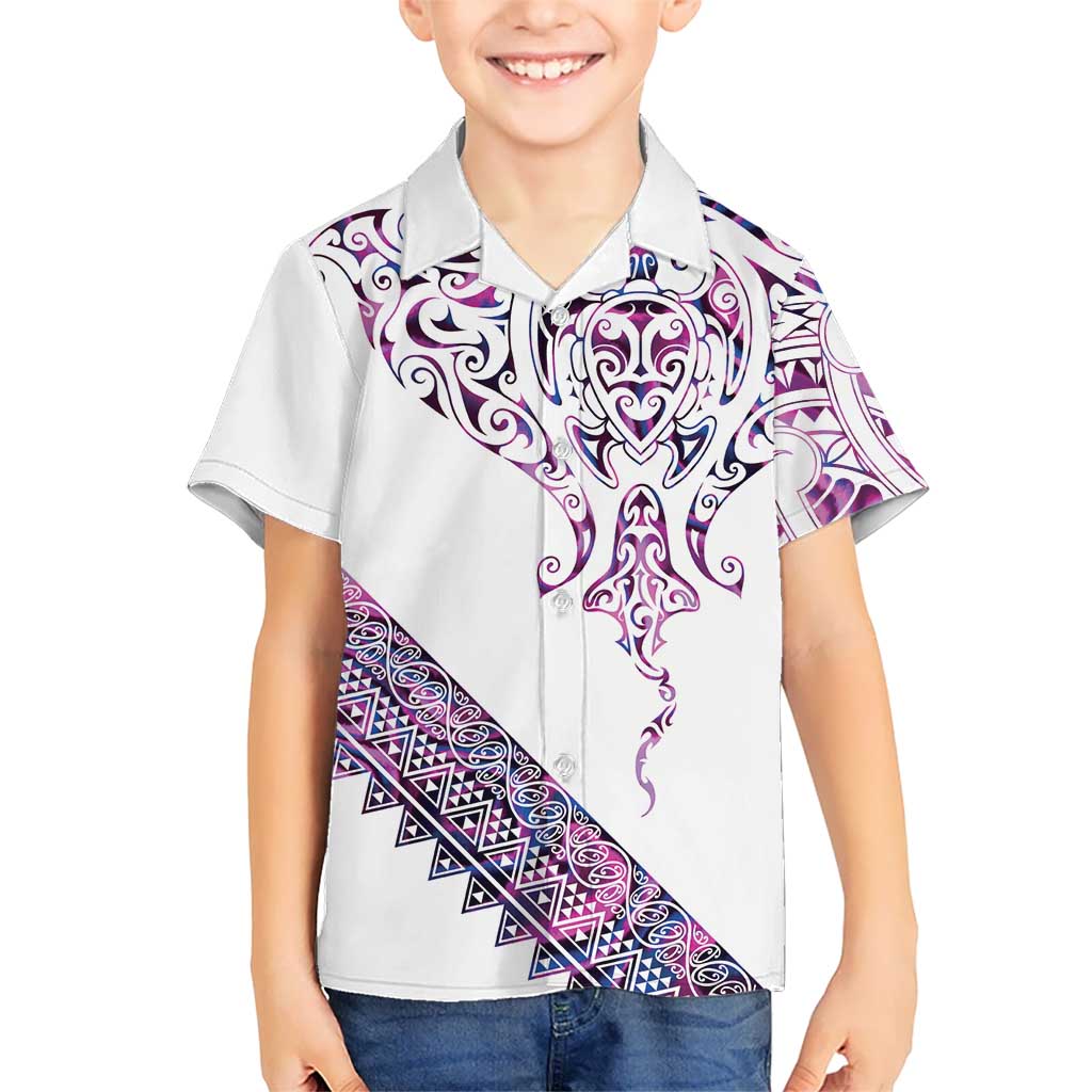 Mawhero Paua shell Kowhaiwhai Taniko Personalised Family Matching Off The Shoulder Long Sleeve Dress and Hawaiian Shirt Manta Ray Shark-Turtle Maori Tribal Style LT9 Son's Shirt Pink - Polynesian Pride