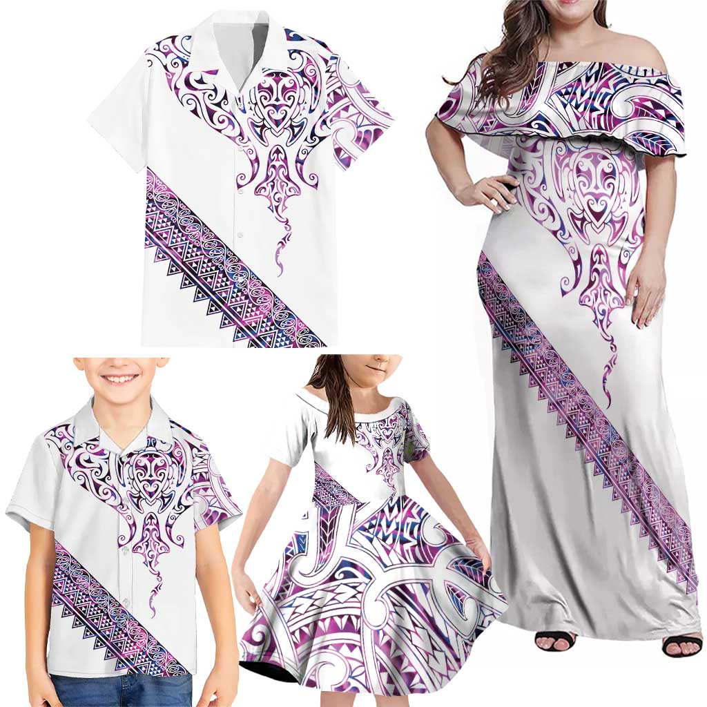 Mawhero Paua shell Kowhaiwhai Taniko Personalised Family Matching Off Shoulder Maxi Dress and Hawaiian Shirt Manta Ray Shark-Turtle Maori Tribal Style