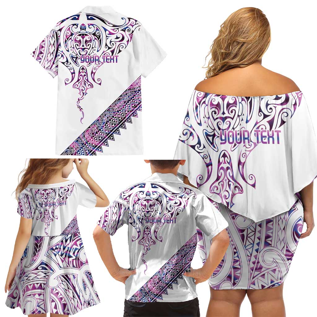 Mawhero Paua shell Kowhaiwhai Taniko Personalised Family Matching Off Shoulder Short Dress and Hawaiian Shirt Manta Ray Shark-Turtle Maori Tribal Style
