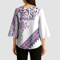 Mawhero Paua shell Kowhaiwhai Taniko Personalised Kimono Sleeve Blouse Manta Ray Shark-Turtle Maori Tribal Style
