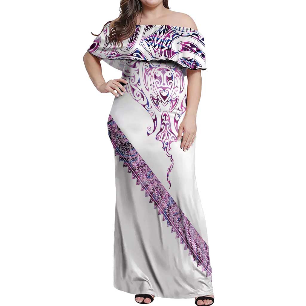 Mawhero Paua shell Kowhaiwhai Taniko Personalised Off Shoulder Maxi Dress Manta Ray Shark-Turtle Maori Tribal Style