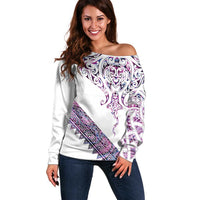 Mawhero Paua shell Kowhaiwhai Taniko Personalised Off Shoulder Sweater Manta Ray Shark-Turtle Maori Tribal Style