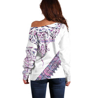 Mawhero Paua shell Kowhaiwhai Taniko Personalised Off Shoulder Sweater Manta Ray Shark-Turtle Maori Tribal Style