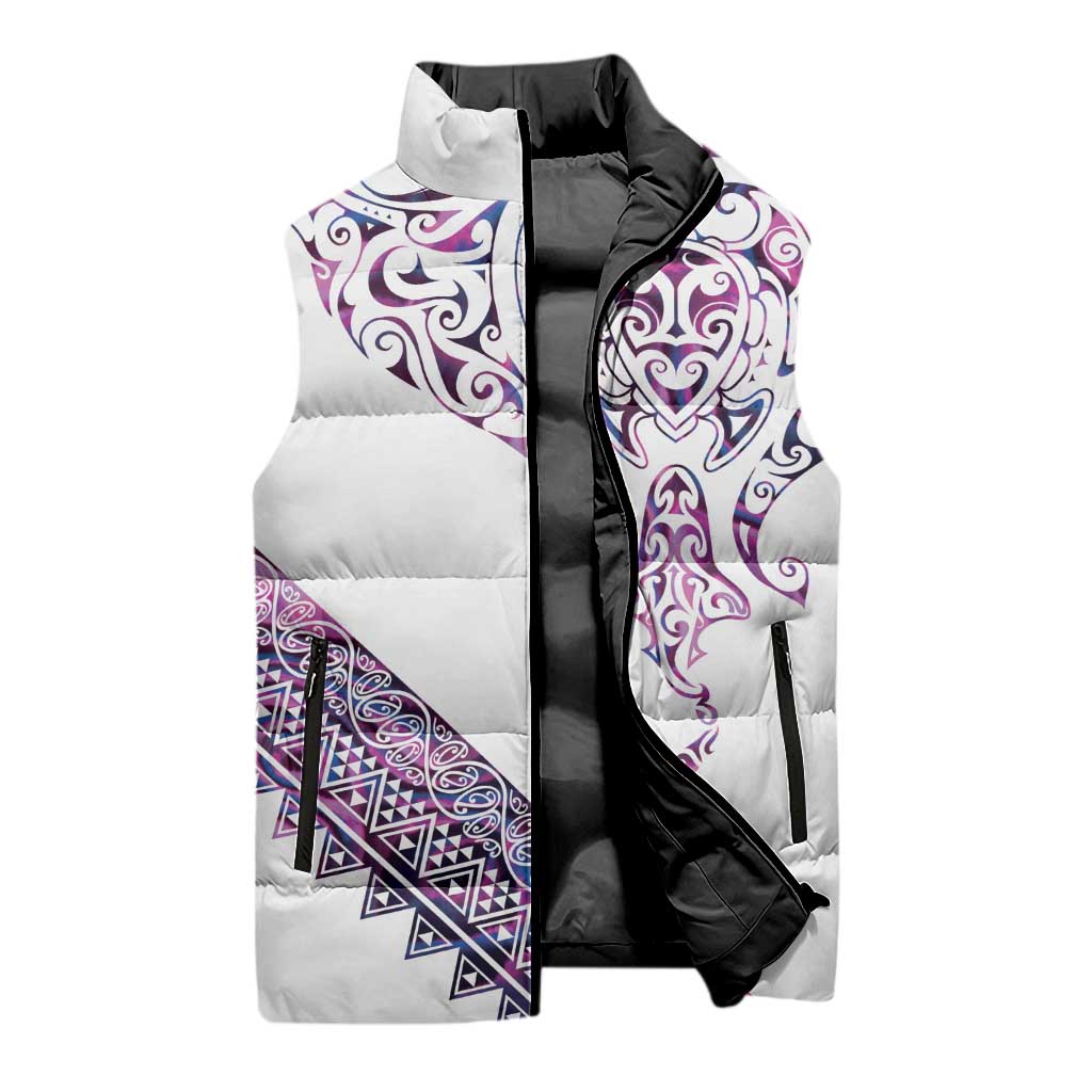 Mawhero Paua shell Kowhaiwhai Taniko Personalised Sleeveless Puffer Jacket Manta Ray Shark-Turtle Maori Tribal Style