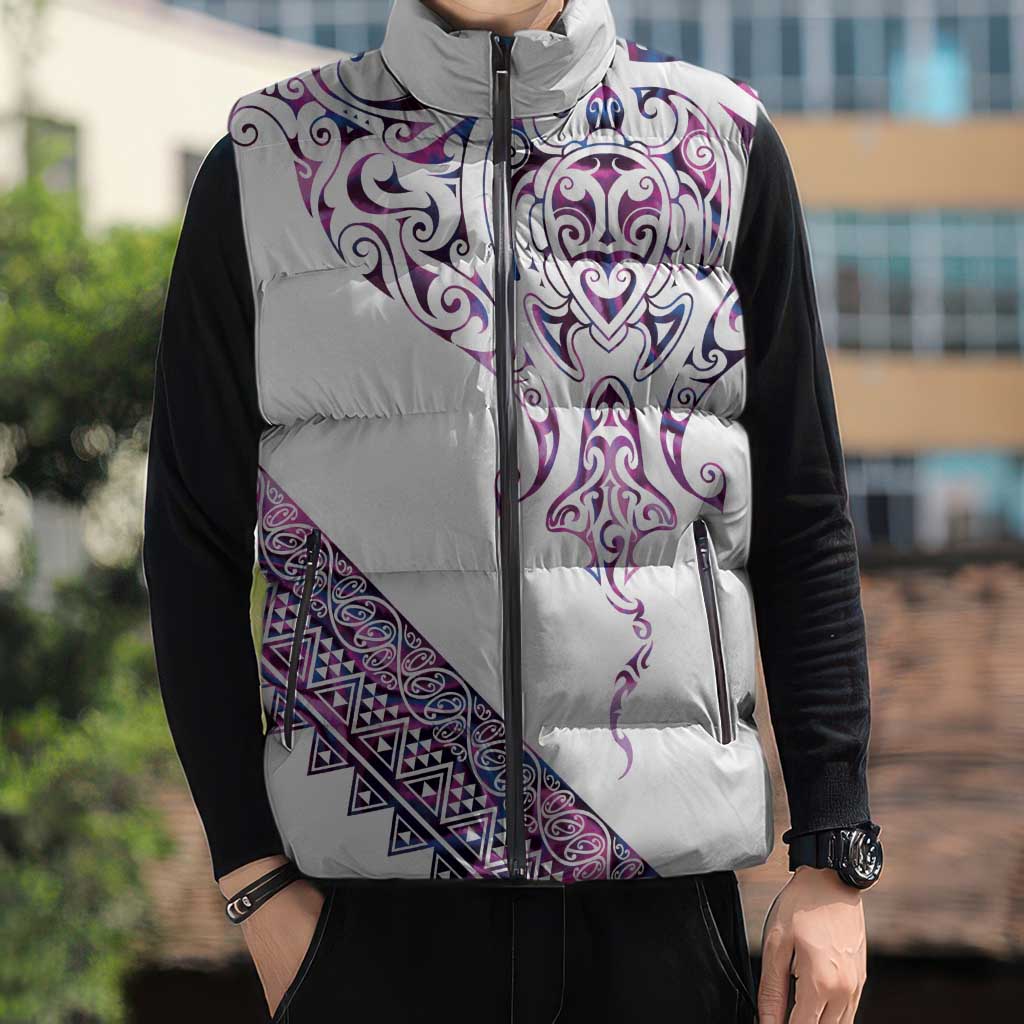 Mawhero Paua shell Kowhaiwhai Taniko Personalised Sleeveless Puffer Jacket Manta Ray Shark-Turtle Maori Tribal Style