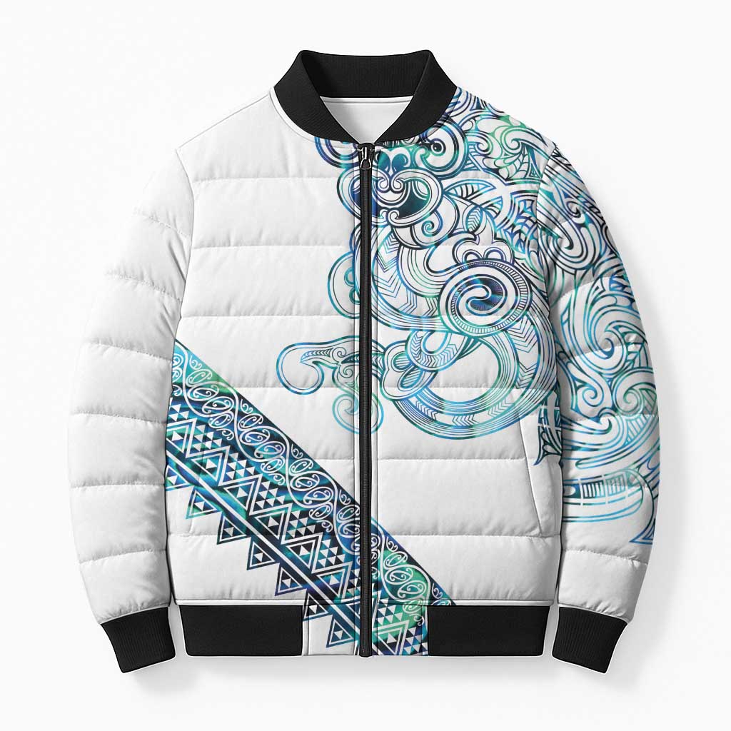 Kahui Whetu Paua shell Kowhaiwhai Taniko Personalised Bomber Puffer Jacket Taniwha Maori Tribal Style