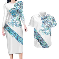 Kahui Whetu Paua shell Kowhaiwhai Taniko Personalised Couples Matching Long Sleeve Bodycon Dress and Hawaiian Shirt Taniwha Maori Tribal Style