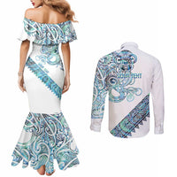 Kahui Whetu Paua shell Kowhaiwhai Taniko Personalised Couples Matching Mermaid Dress and Long Sleeve Button Shirt Taniwha Maori Tribal Style