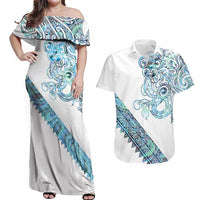 Kahui Whetu Paua shell Kowhaiwhai Taniko Personalised Couples Matching Off Shoulder Maxi Dress and Hawaiian Shirt Taniwha Maori Tribal Style