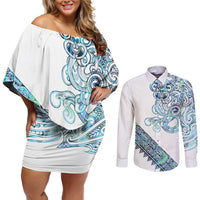 Kahui Whetu Paua shell Kowhaiwhai Taniko Personalised Couples Matching Off Shoulder Short Dress and Long Sleeve Button Shirt Taniwha Maori Tribal Style