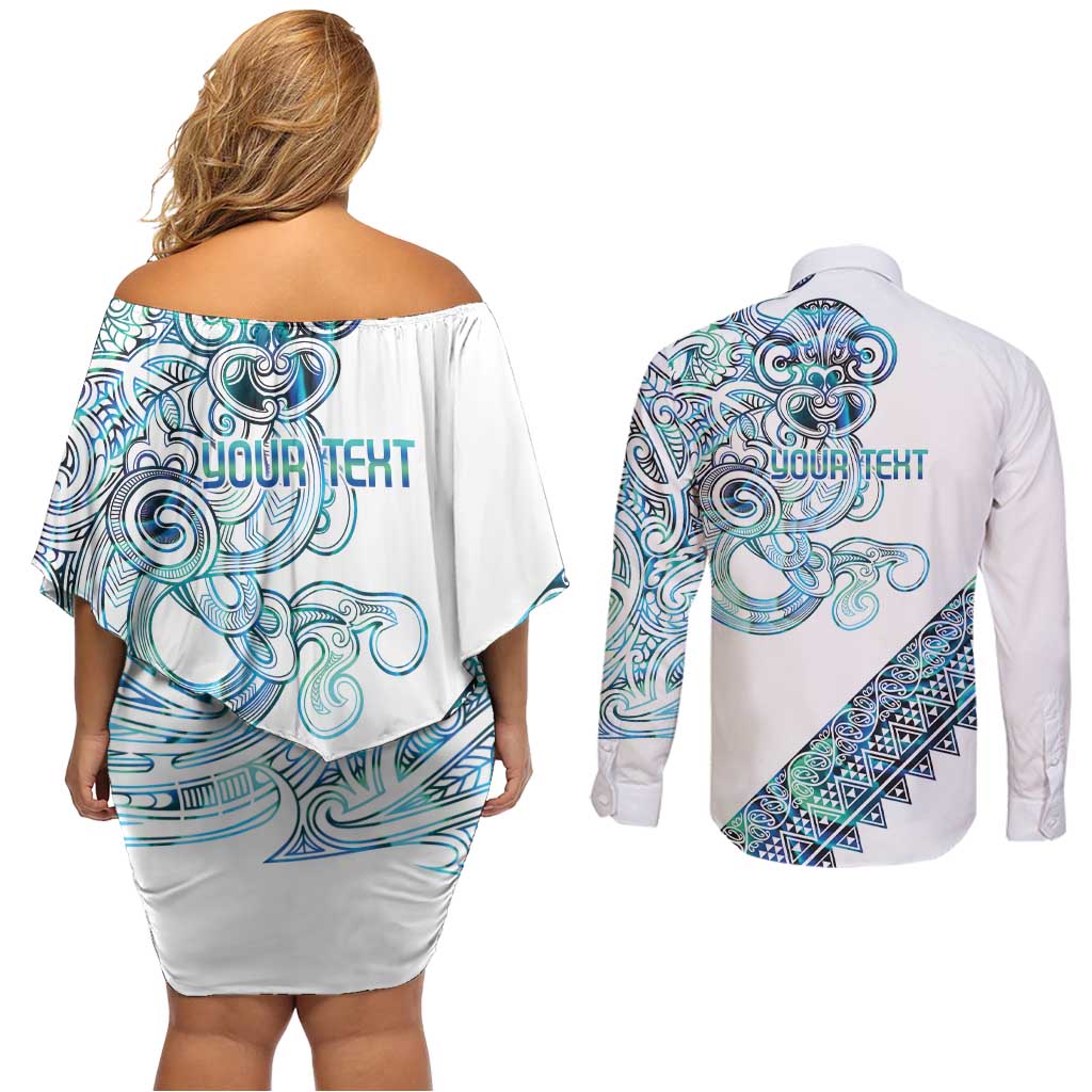Kahui Whetu Paua shell Kowhaiwhai Taniko Personalised Couples Matching Off Shoulder Short Dress and Long Sleeve Button Shirt Taniwha Maori Tribal Style