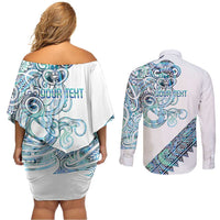 Kahui Whetu Paua shell Kowhaiwhai Taniko Personalised Couples Matching Off Shoulder Short Dress and Long Sleeve Button Shirt Taniwha Maori Tribal Style