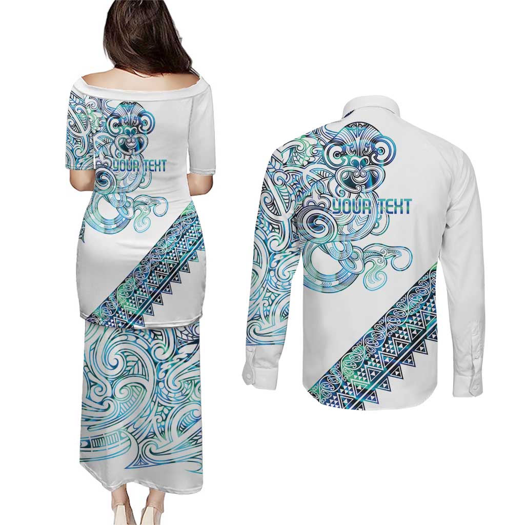 Kahui Whetu Paua shell Kowhaiwhai Taniko Personalised Couples Matching Puletasi and Long Sleeve Button Shirt Taniwha Maori Tribal Style