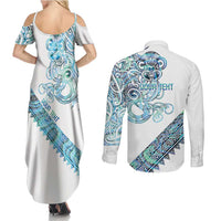 Kahui Whetu Paua shell Kowhaiwhai Taniko Personalised Couples Matching Summer Maxi Dress and Long Sleeve Button Shirt Taniwha Maori Tribal Style