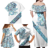Kahui Whetu Paua shell Kowhaiwhai Taniko Personalised Family Matching Off Shoulder Maxi Dress and Hawaiian Shirt Taniwha Maori Tribal Style