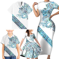 Kahui Whetu Paua shell Kowhaiwhai Taniko Personalised Family Matching Short Sleeve Bodycon Dress and Hawaiian Shirt Taniwha Maori Tribal Style