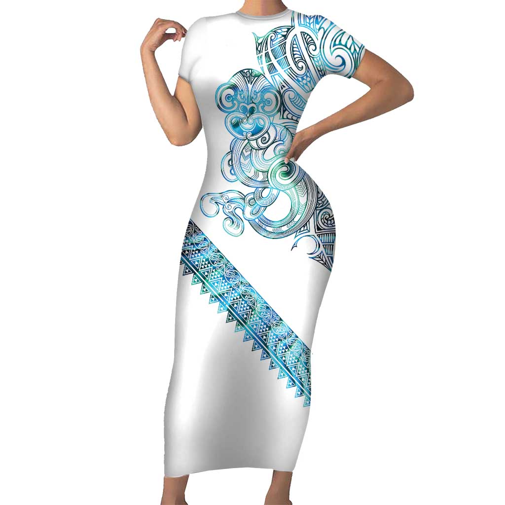 Kahui Whetu Paua shell Kowhaiwhai Taniko Personalised Short Sleeve Bodycon Dress Taniwha Maori Tribal Style