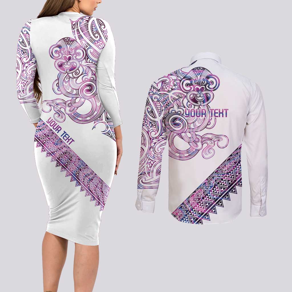 Mawhero Paua shell Kowhaiwhai Taniko Personalised Couples Matching Long Sleeve Bodycon Dress and Long Sleeve Button Shirt Taniwha Maori Tribal Style