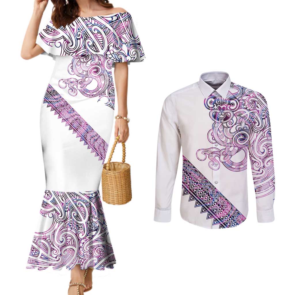 Mawhero Paua shell Kowhaiwhai Taniko Personalised Couples Matching Mermaid Dress and Long Sleeve Button Shirt Taniwha Maori Tribal Style