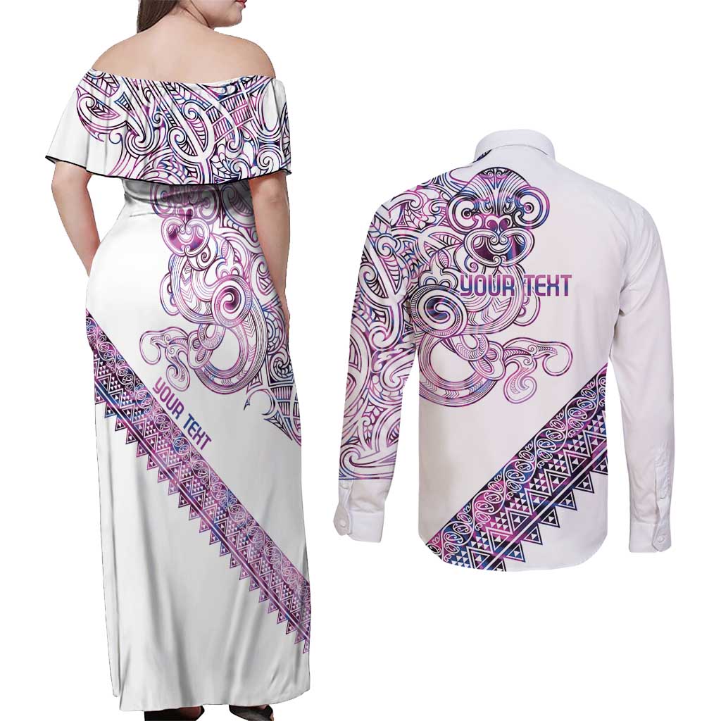 Mawhero Paua shell Kowhaiwhai Taniko Personalised Couples Matching Off Shoulder Maxi Dress and Long Sleeve Button Shirt Taniwha Maori Tribal Style