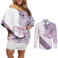 Mawhero Paua shell Kowhaiwhai Taniko Personalised Couples Matching Off Shoulder Short Dress and Long Sleeve Button Shirt Taniwha Maori Tribal Style LT9 Pink - Polynesian Pride