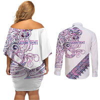 Mawhero Paua shell Kowhaiwhai Taniko Personalised Couples Matching Off Shoulder Short Dress and Long Sleeve Button Shirt Taniwha Maori Tribal Style LT9 - Polynesian Pride